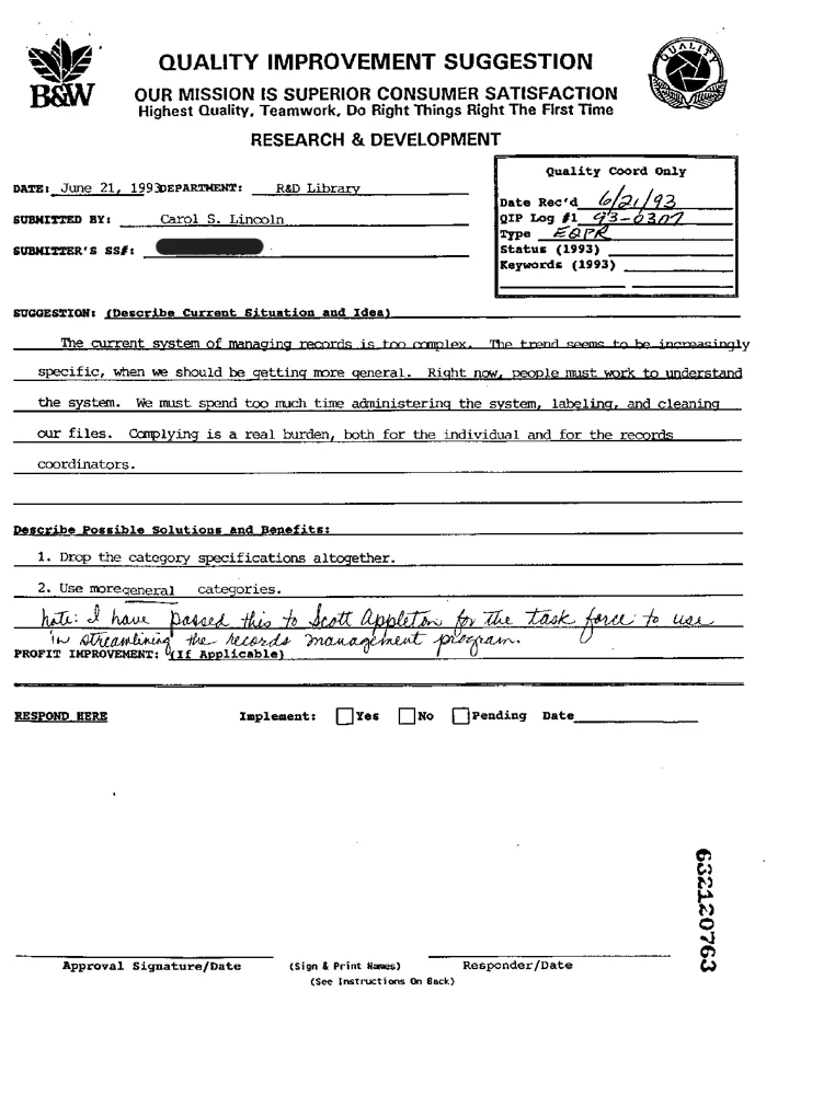 The scanned form: Quality Improvement Suggestion, with typed fields, a blacked-out Social Security number, a boxed quality-coordinator section, a typed suggestion, a handwritten note and empty tick boxes.