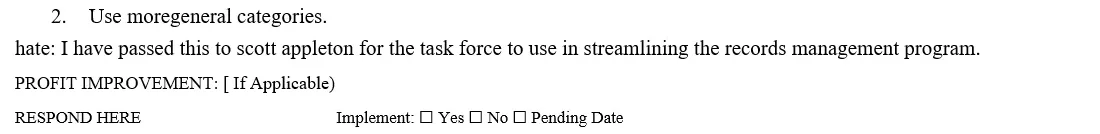 Close-up of the same lines in Word: the handwritten note as one line of typed text beginning with hate:, then Profit Improvement, and Implement with three empty tick boxes.